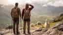 Two hikers looking for a mountain as Llamas look at them.
